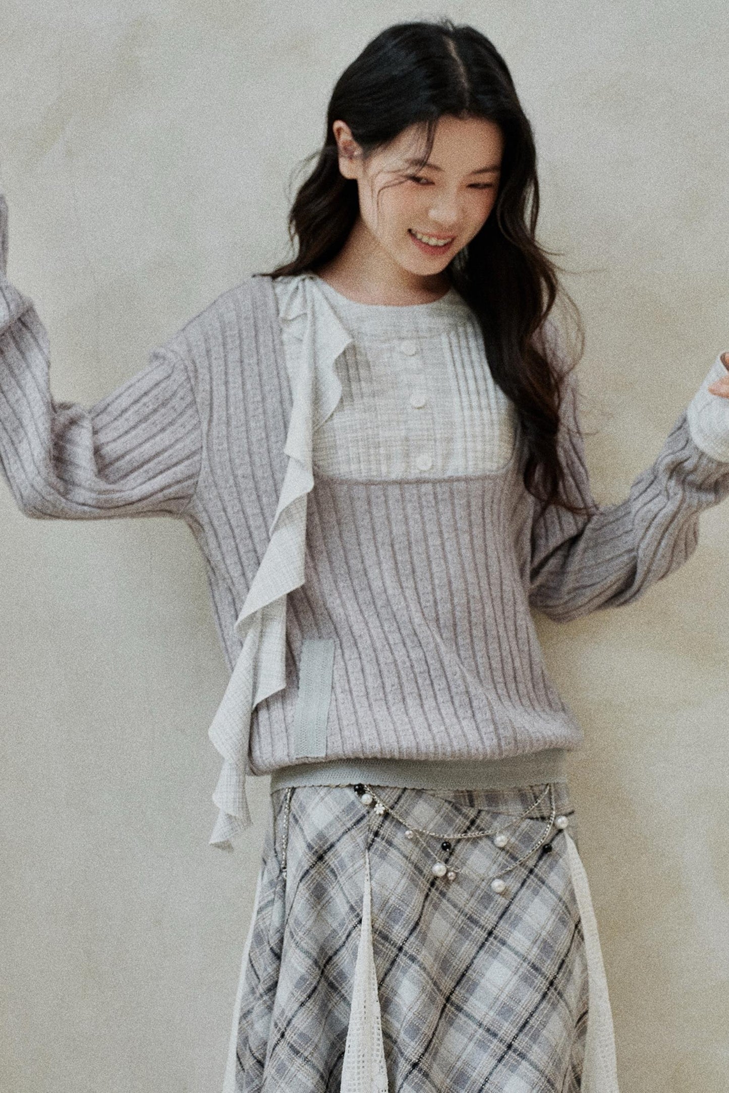 Gray Patchwork Ruffled Knitted Top