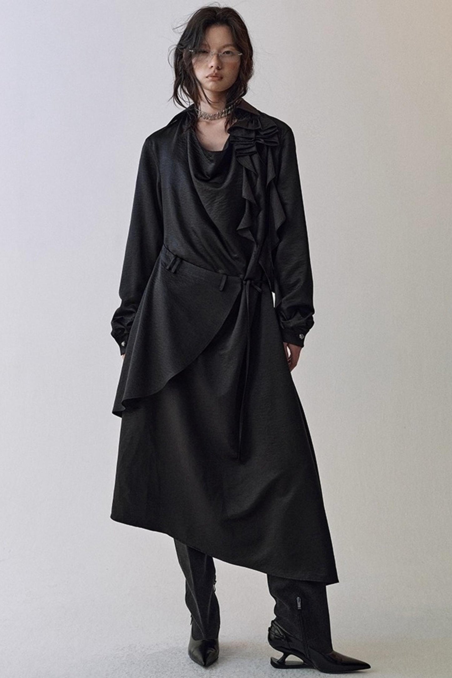 Pleated Swing Collar Waist Dress