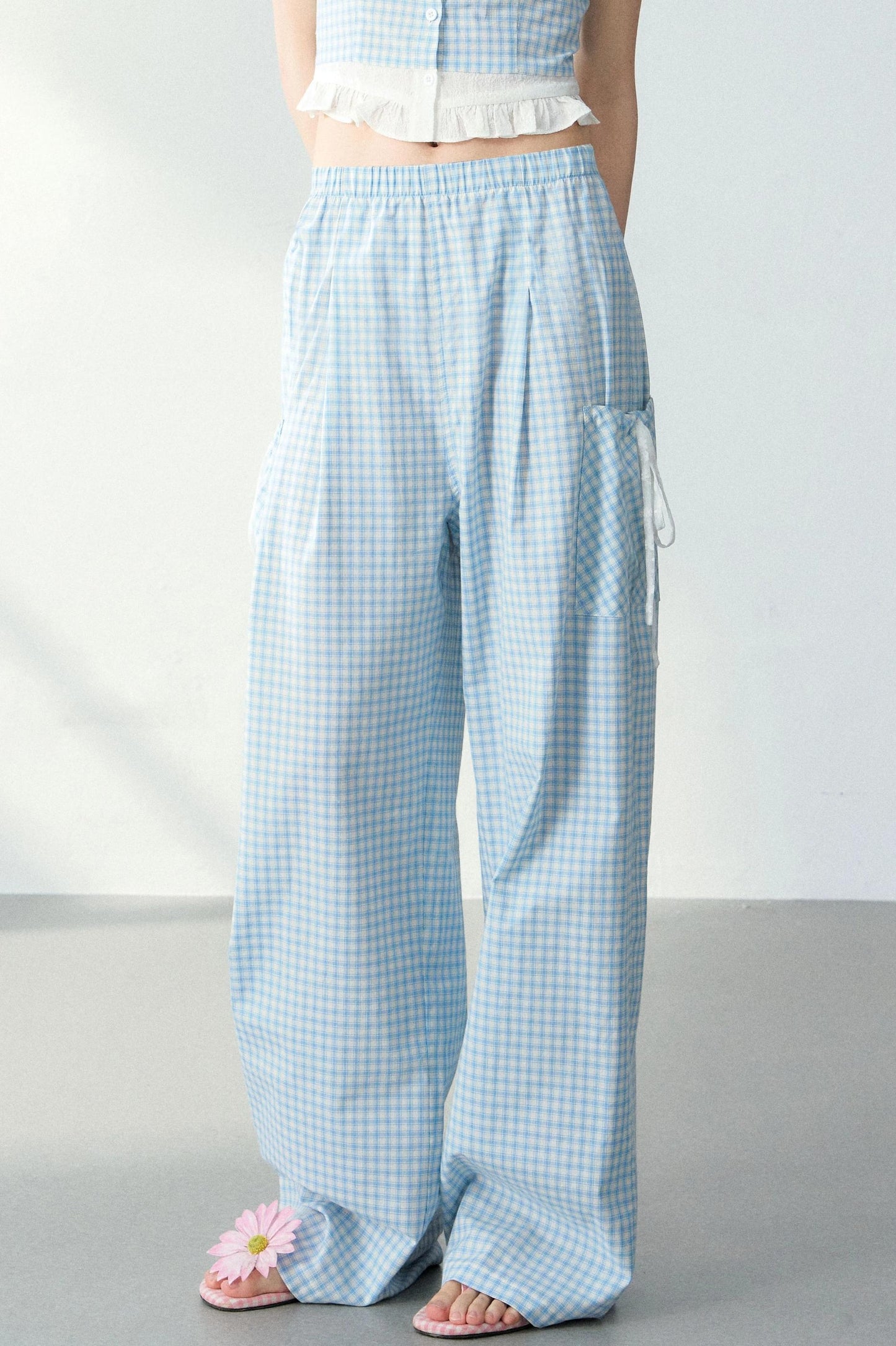 Blue Plaid Off-Shoulder Top Set-Up