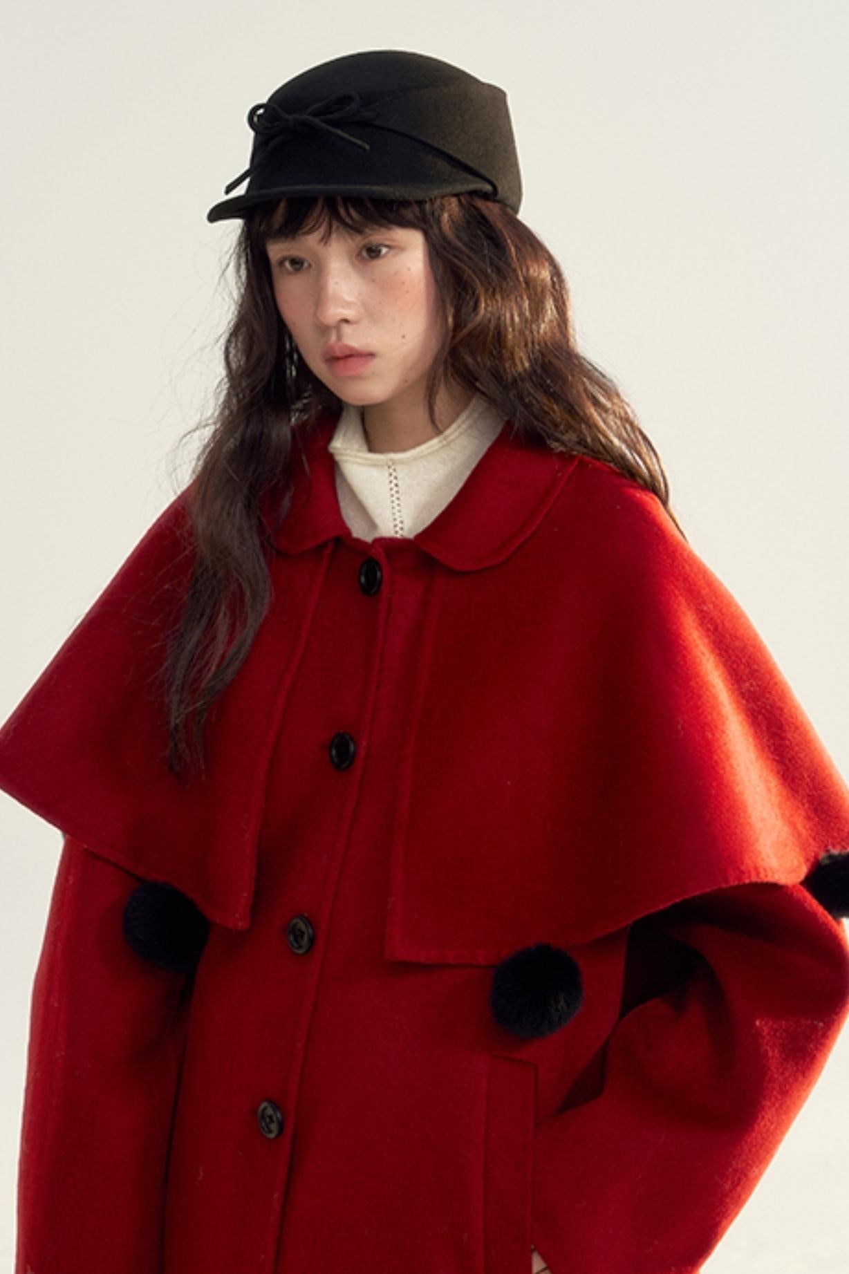 Detachable Cape Red Wool Coat