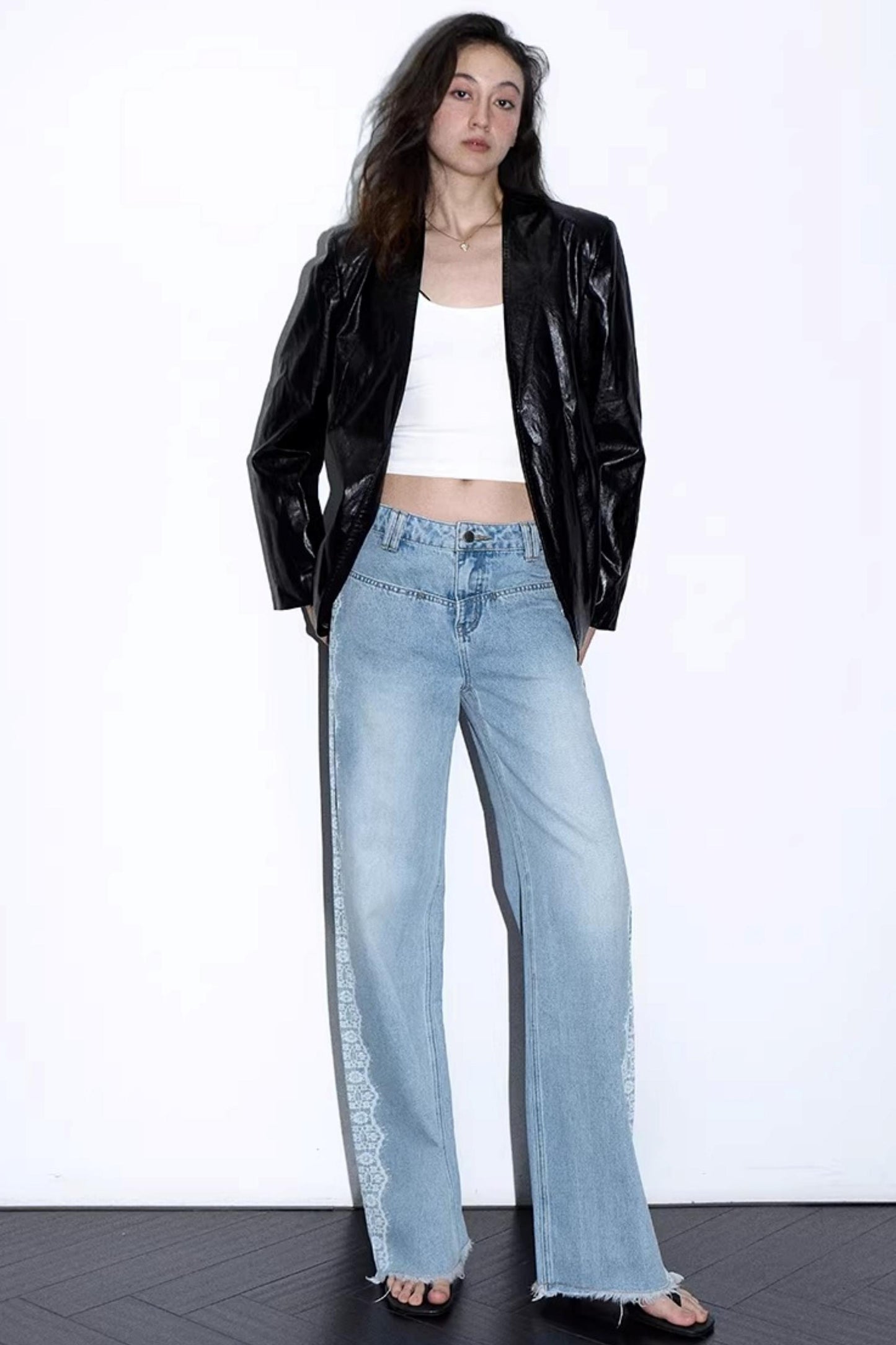 Lace Print Raw Hem Jeans