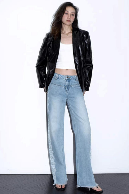 Lace Print Raw Hem Jeans