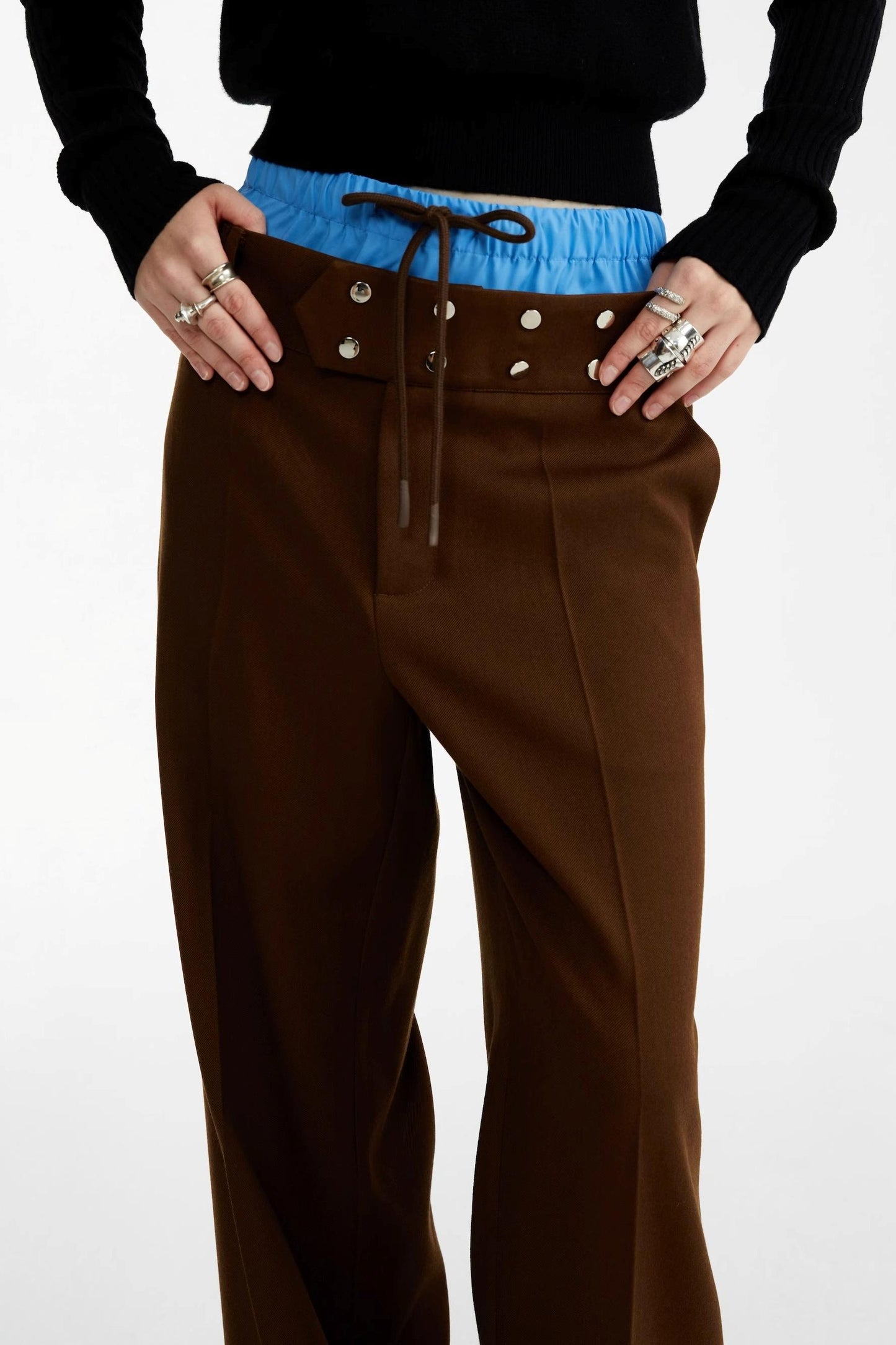 Blue and Brown Contrast Belt Decorative Pants