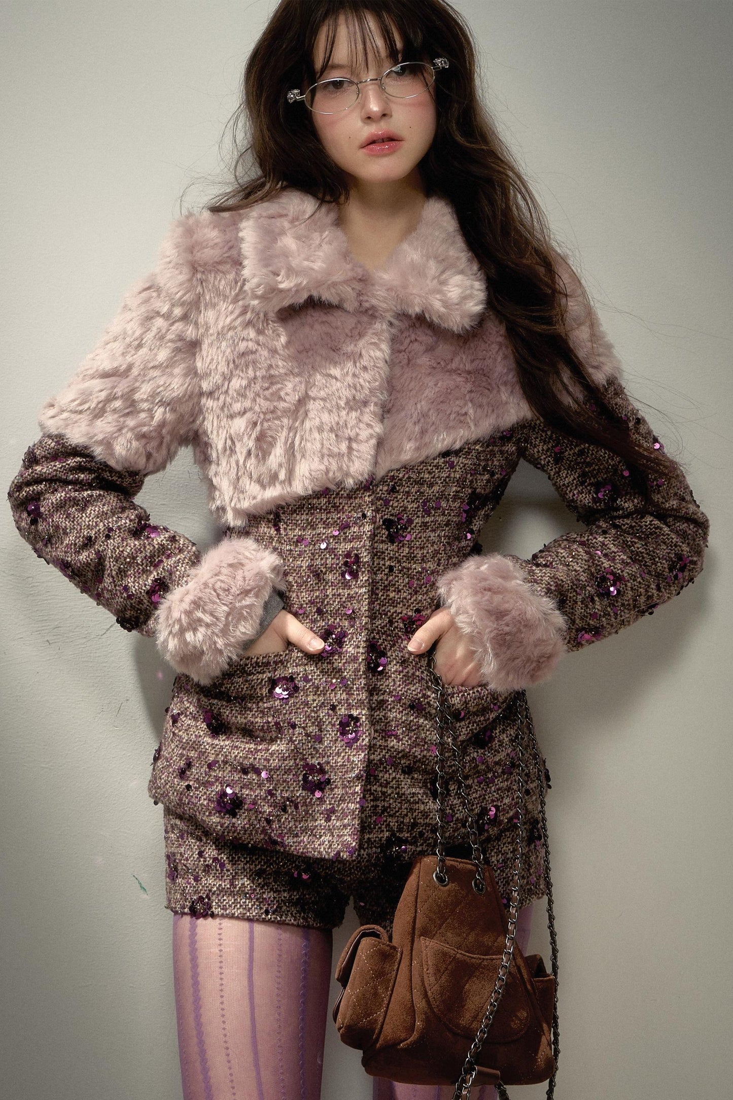 Retro Chic Purple Sequin Tweed Suit Set-Up