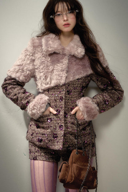 Retro Chic Purple Sequin Tweed Suit Set-Up