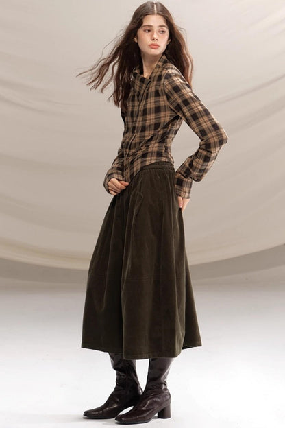 Retro Olive Pleated Skirt