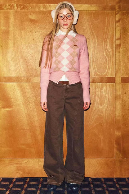 Pink Diamond-Patterned Knit Sweater