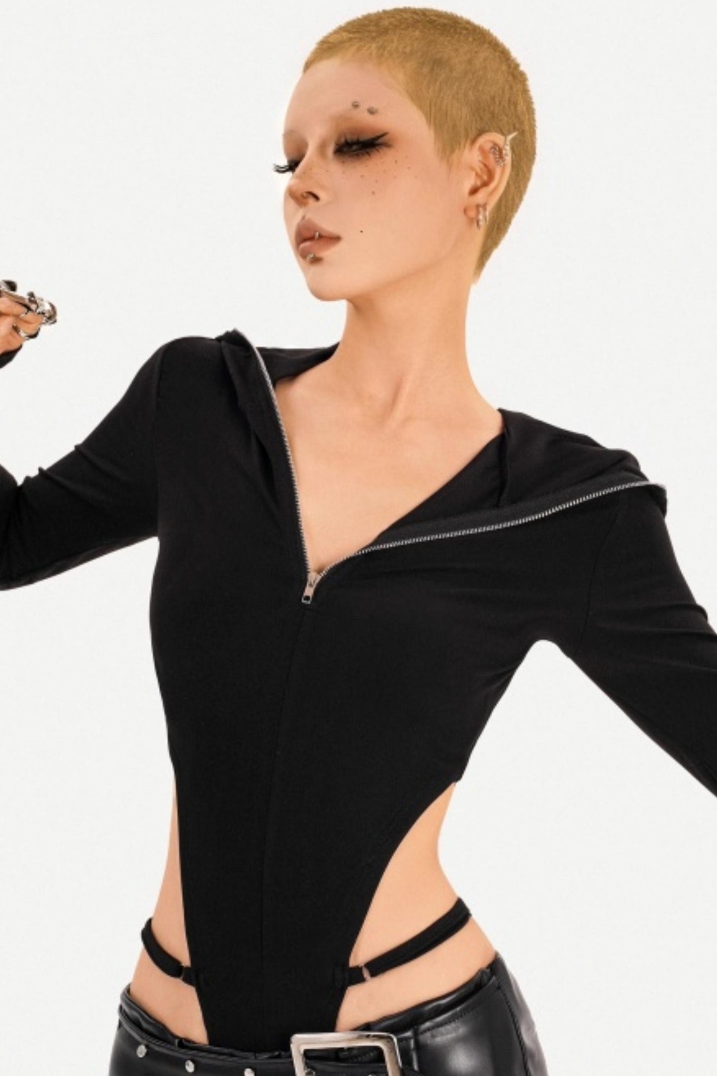 Black Zip-Up Hooded Bodysuit