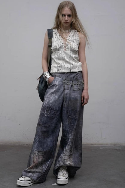 Printed Blue Wide-Leg Denim Pants