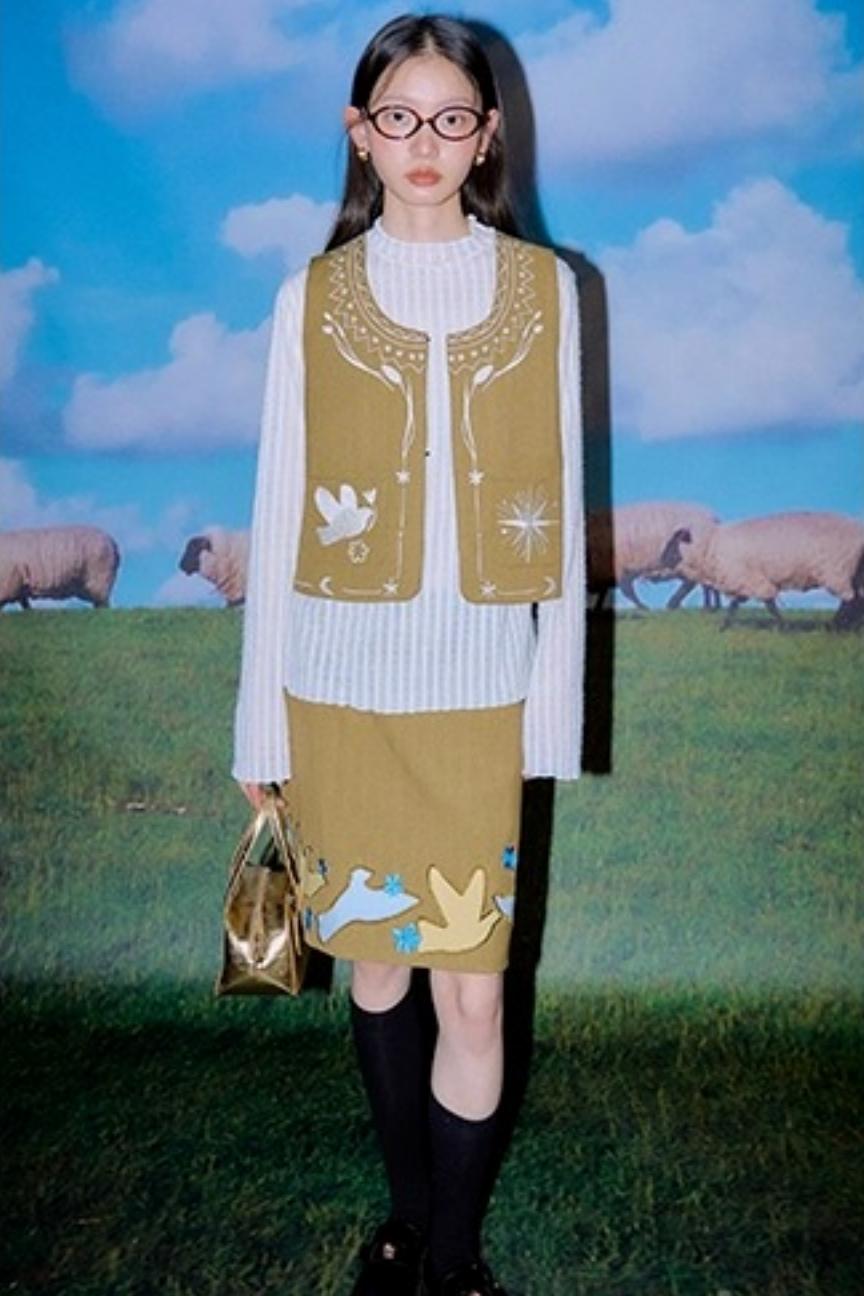 Bright Star Vintage Bird Embroidery Wool Jacket Set-Up