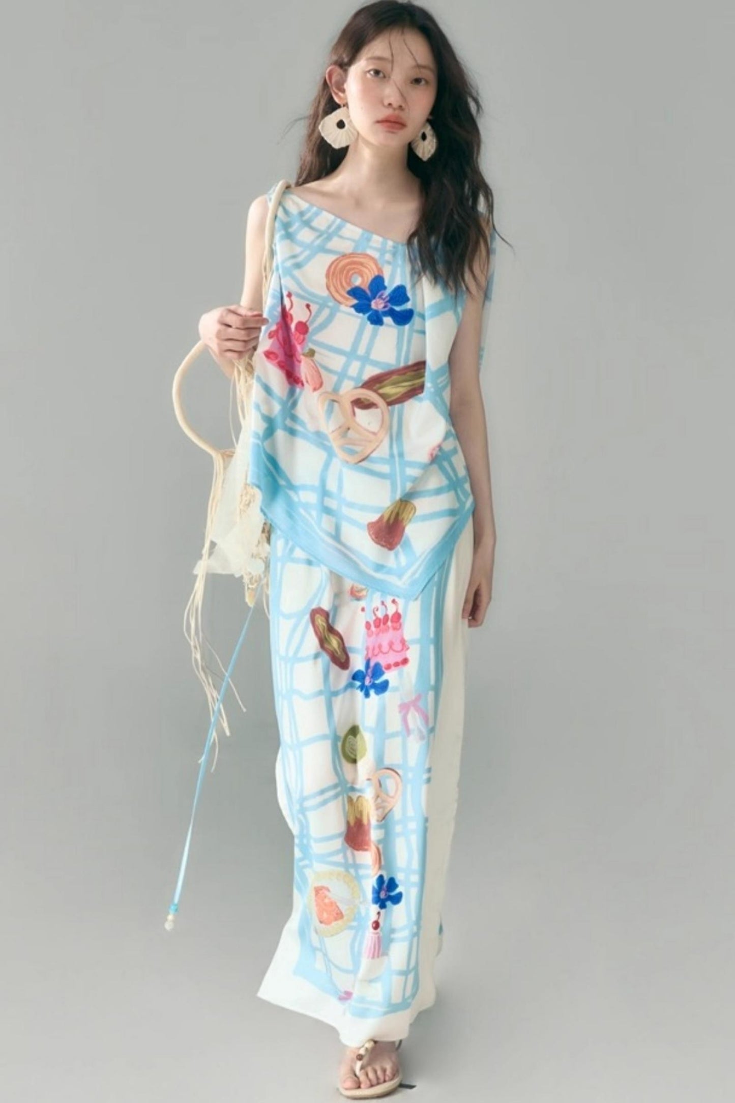 Square Plaid Print Satin Skirt Set-Up