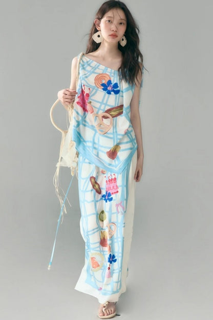 Square Plaid Print Satin Skirt Set-Up