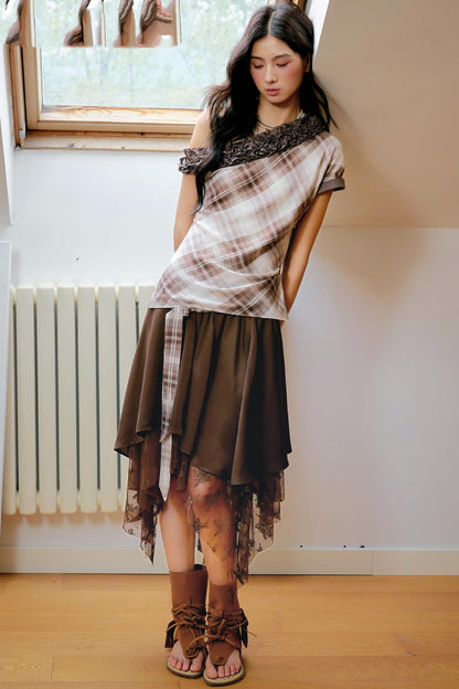 Brown Lace Asymmetrical Skirt