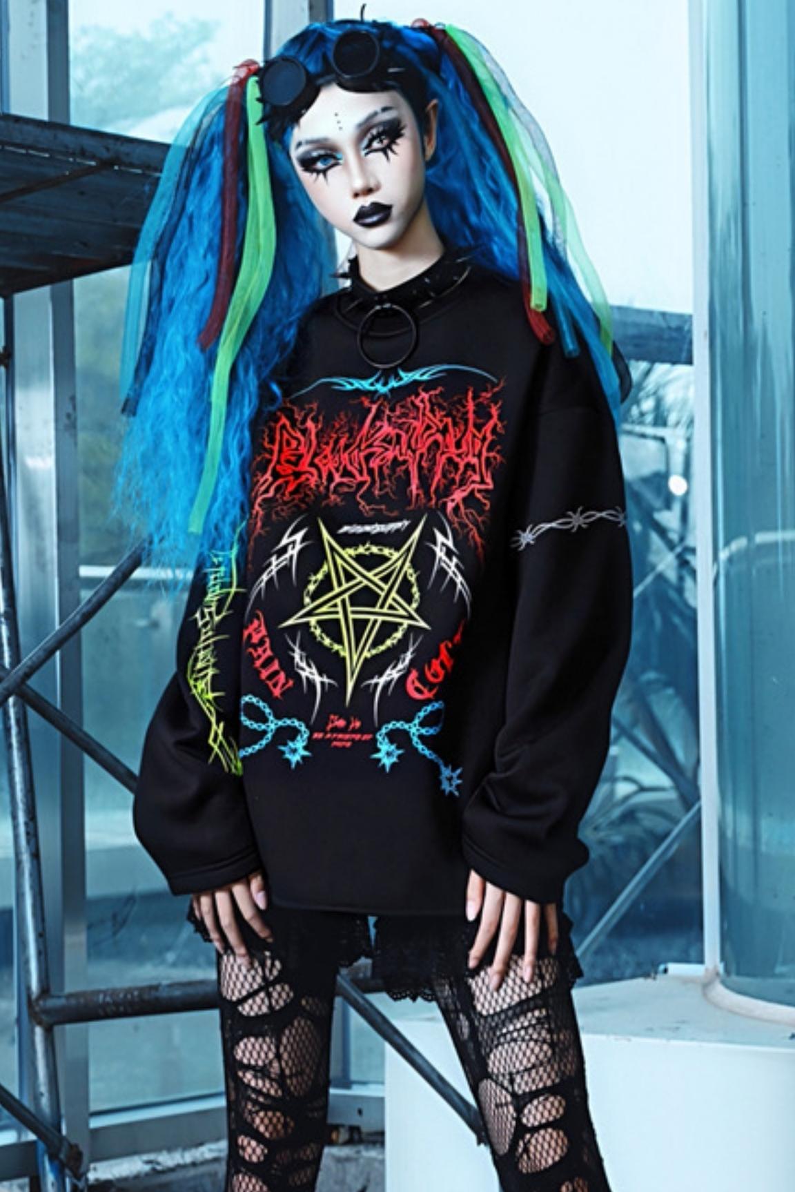 Gothic Cyber Print Crew Neck Top