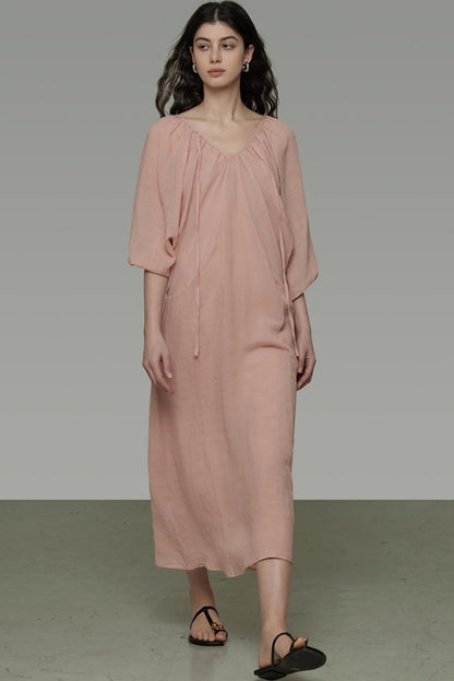 Lantern Sleeve Linen Dress
