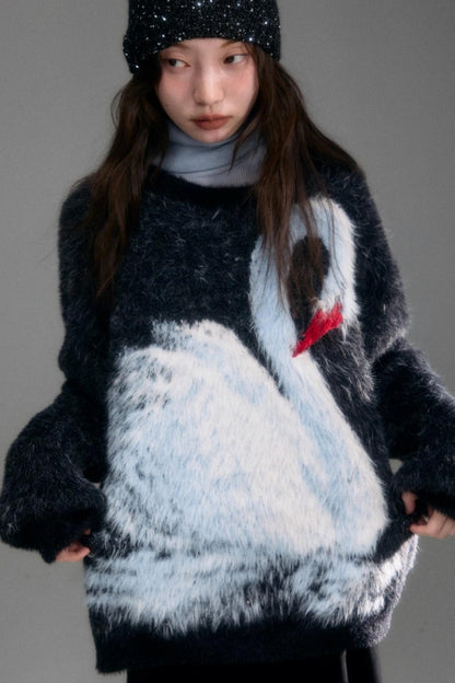 Moonlight Swan Faux Velvet Sweater
