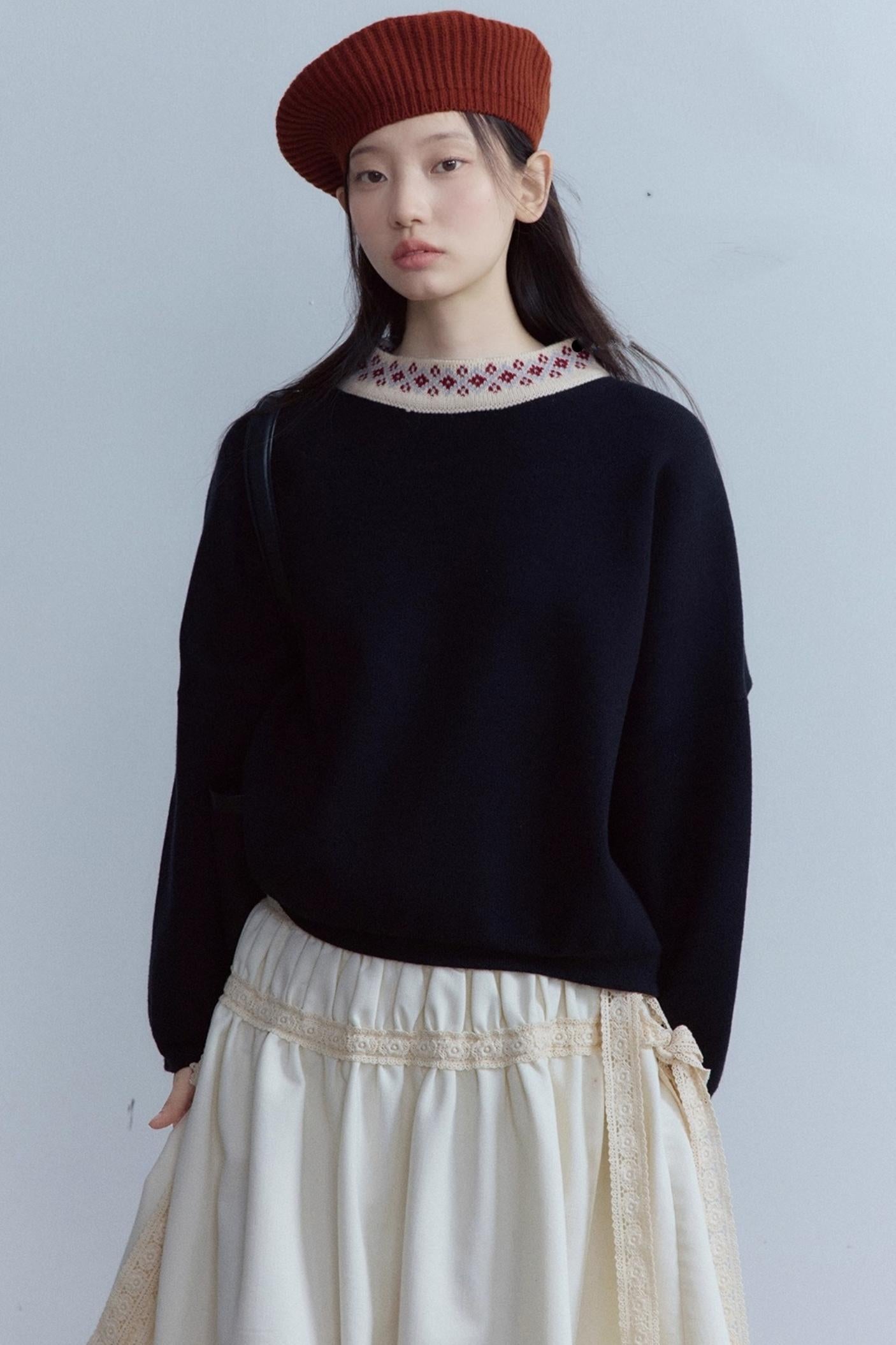 Black Wool Lace Collar Sweater