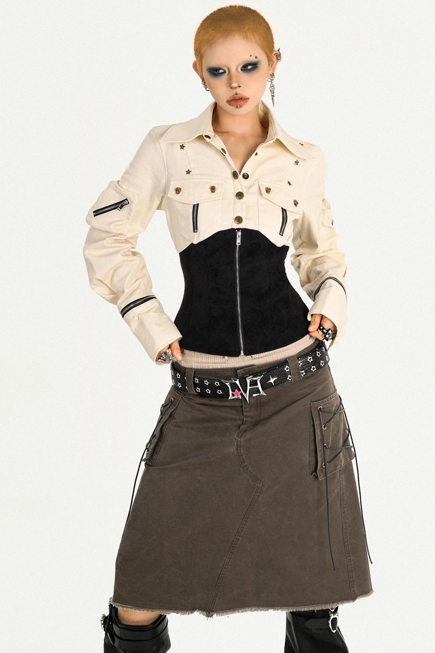 Cool Waist Design Zipper Long Sleeve Top