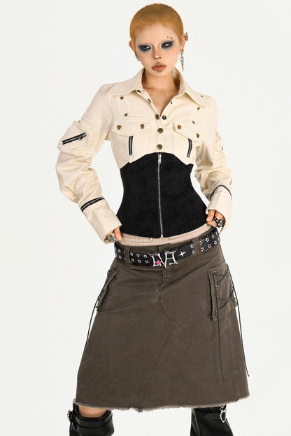 Cool Waist Design Zipper Long Sleeve Top