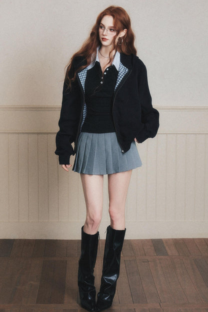 Navy Check Patchwork Hooded Coat