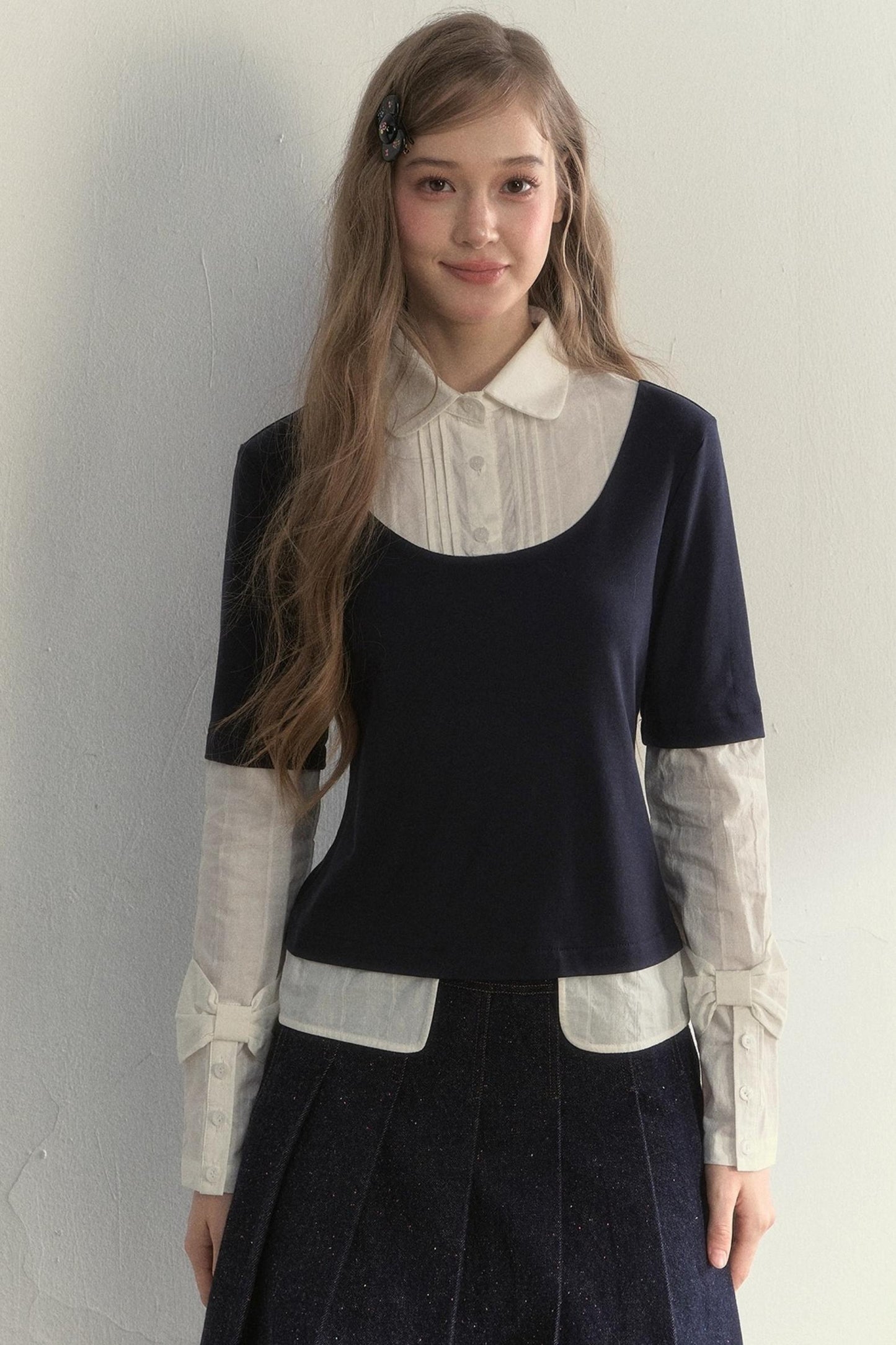 Retro Navy Faux Two-Piece Top