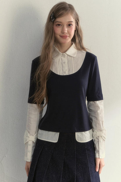 Retro Navy Faux Two-Piece Top