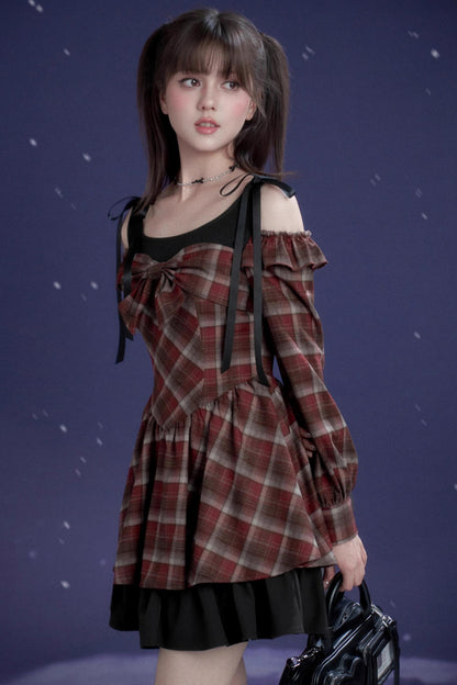 Plaid Fake Two-Piece Christmas Dress