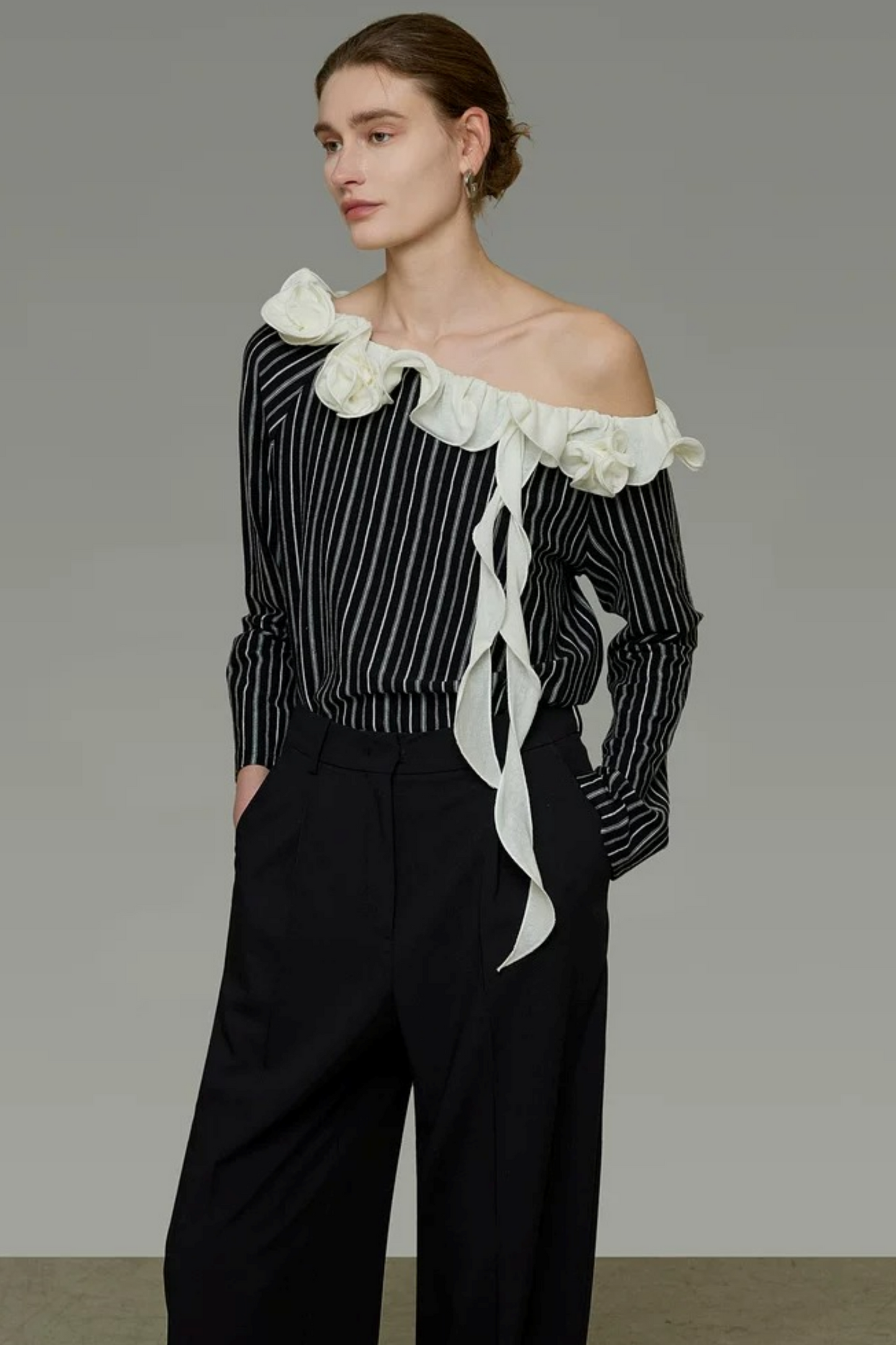 Black and White Striped Off-Shoulder Blouse