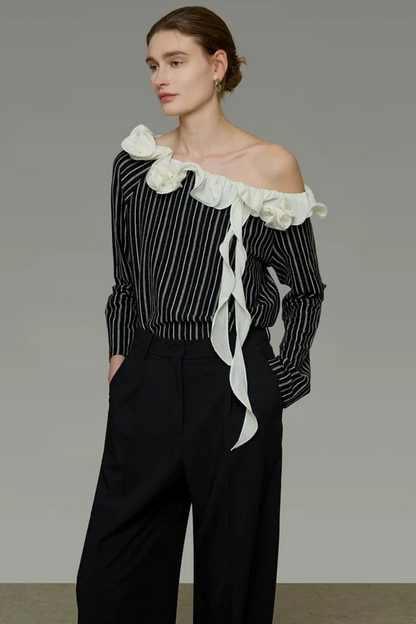 Black and White Striped Off-Shoulder Blouse