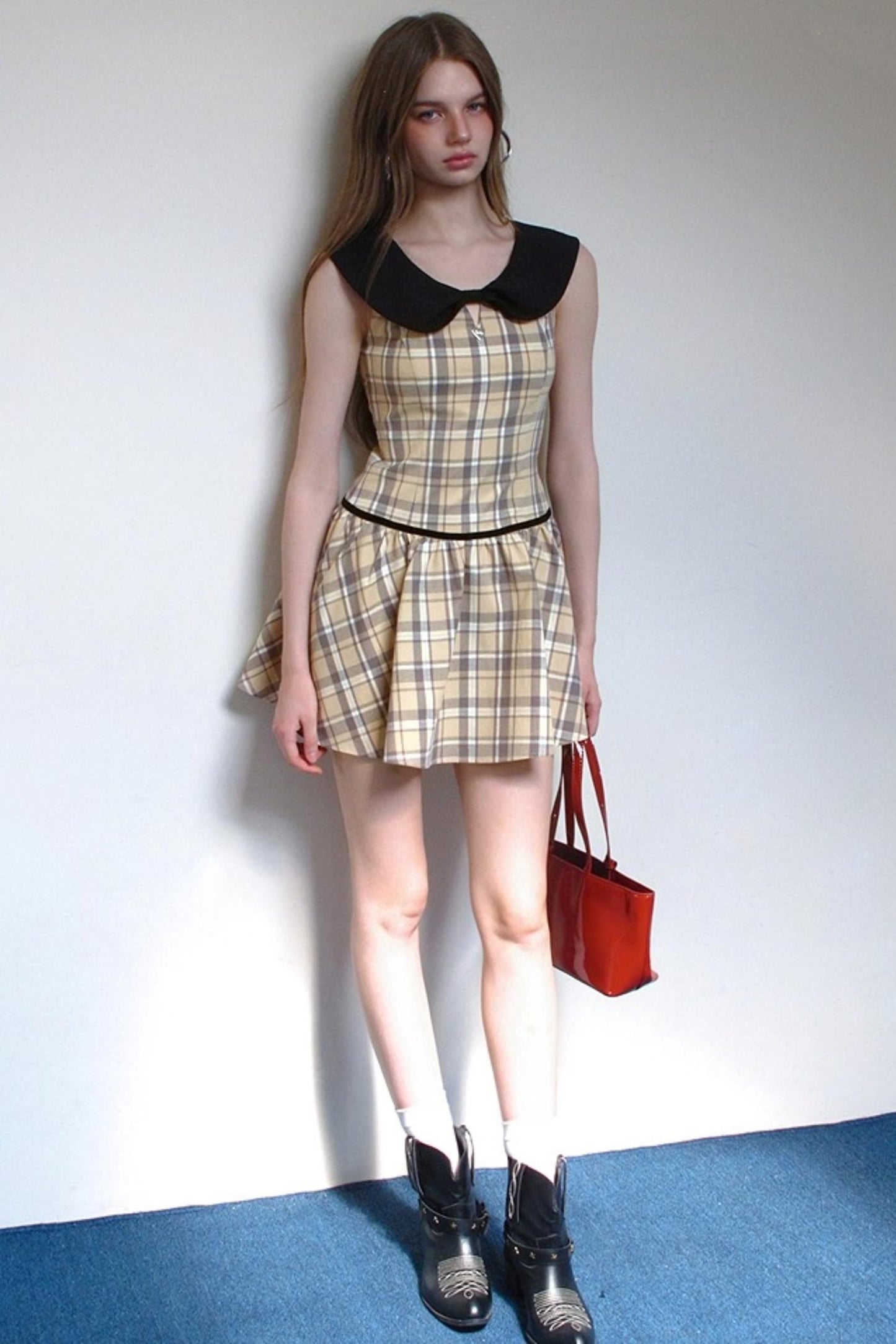 Plaid Contrasting Doll Neck Puffy Dress