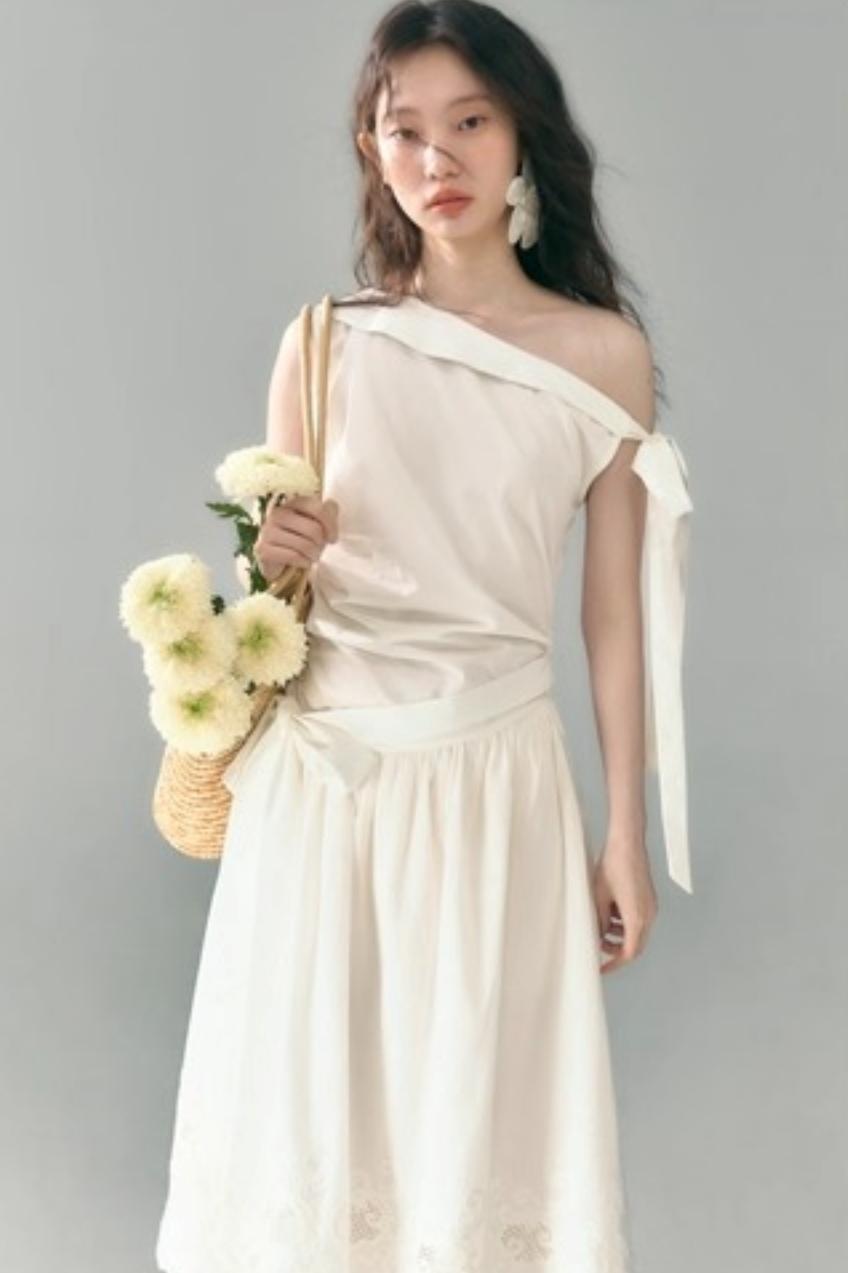 Slant Shoulder Tencel Cotton Dress