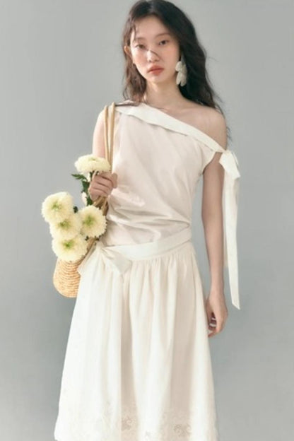 Slant Shoulder Tencel Cotton Dress