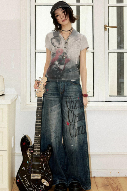 Distressed Portrait V-Neck Top