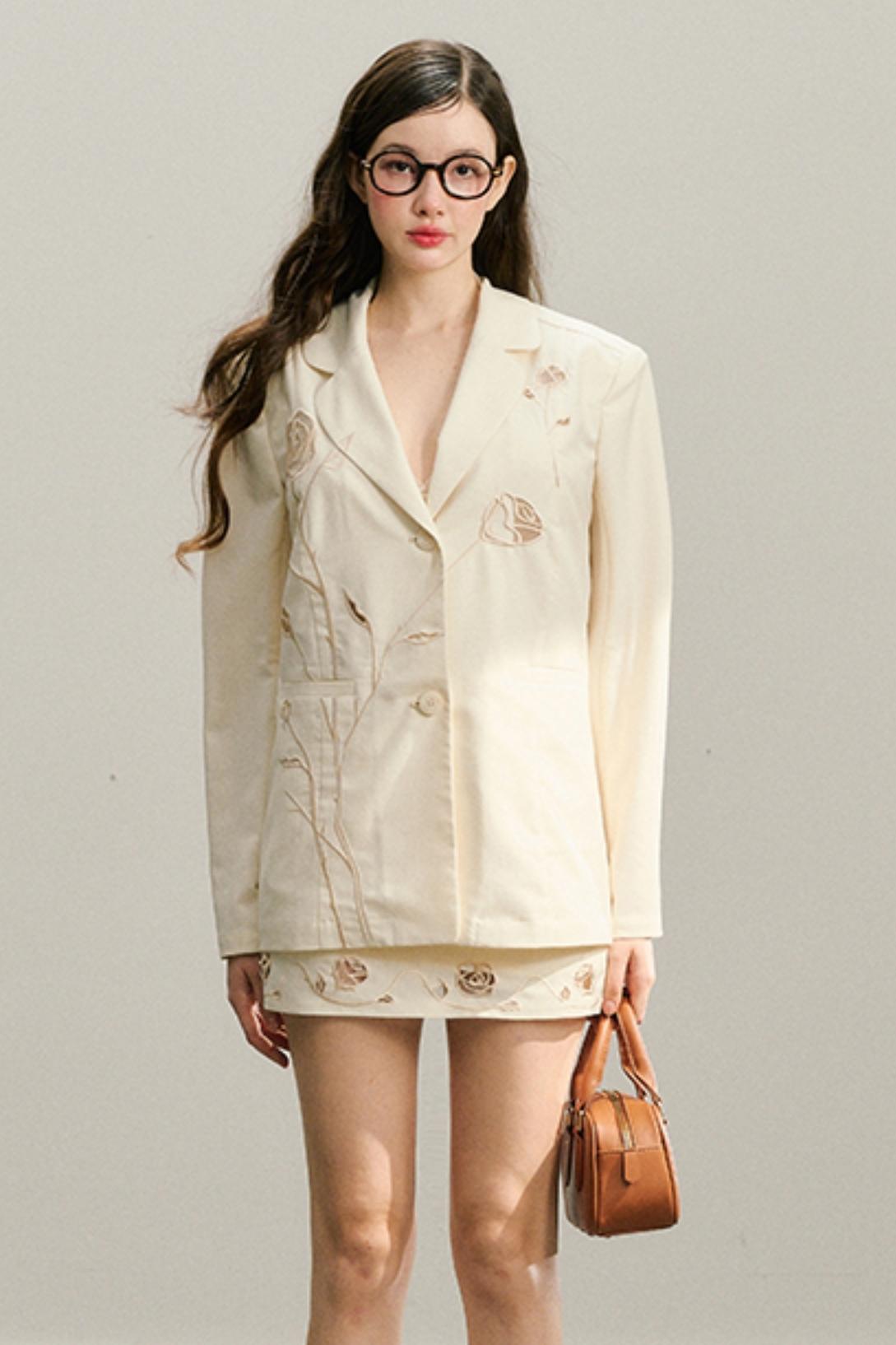 Roses Bloom Embroidered Blazer Skirt Set-Up