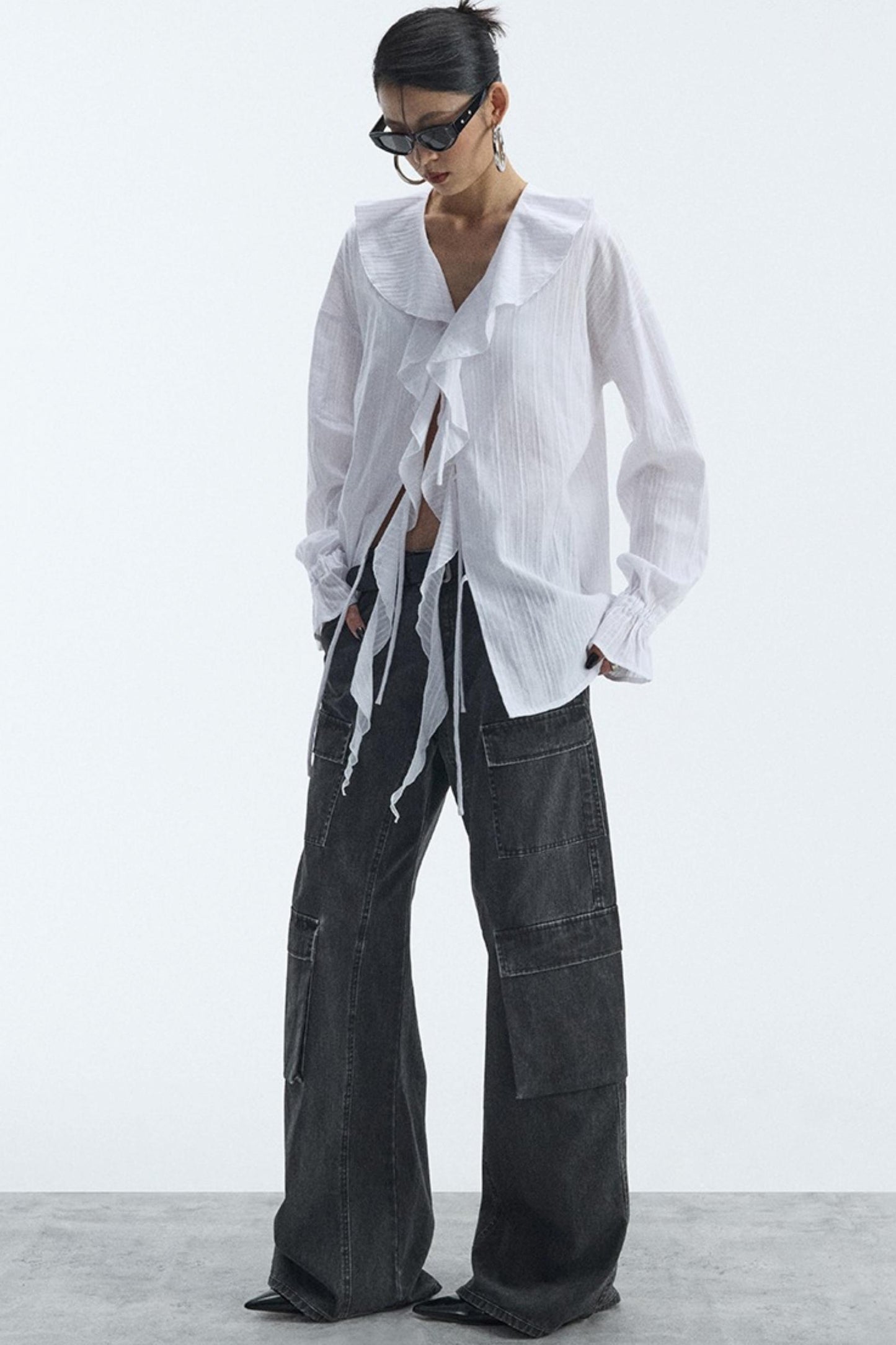 Winter White Ruffled V-Neck Shirt