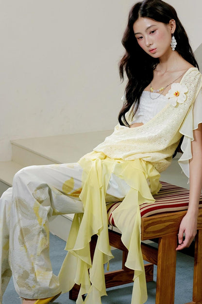 Botanical Ruffle Chiffon Wide-Leg Trousers
