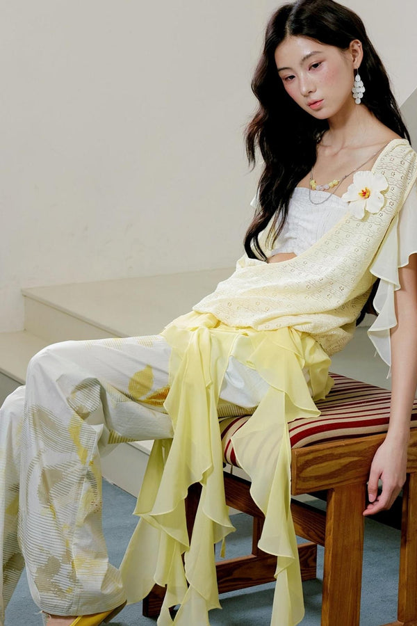 Botanical Ruffle Chiffon Wide-Leg Trousers