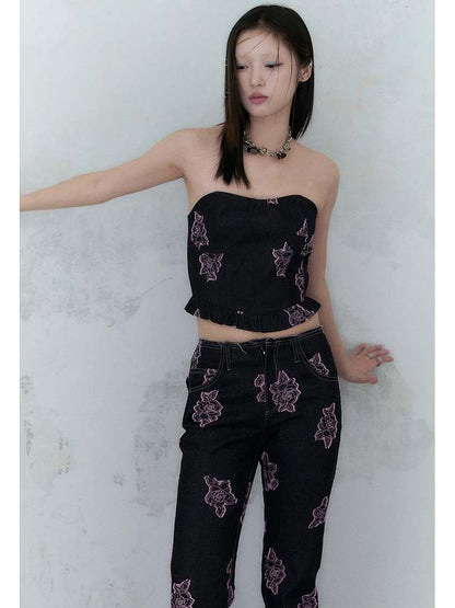 Denim Rose Print Tube Top & Bell Pants