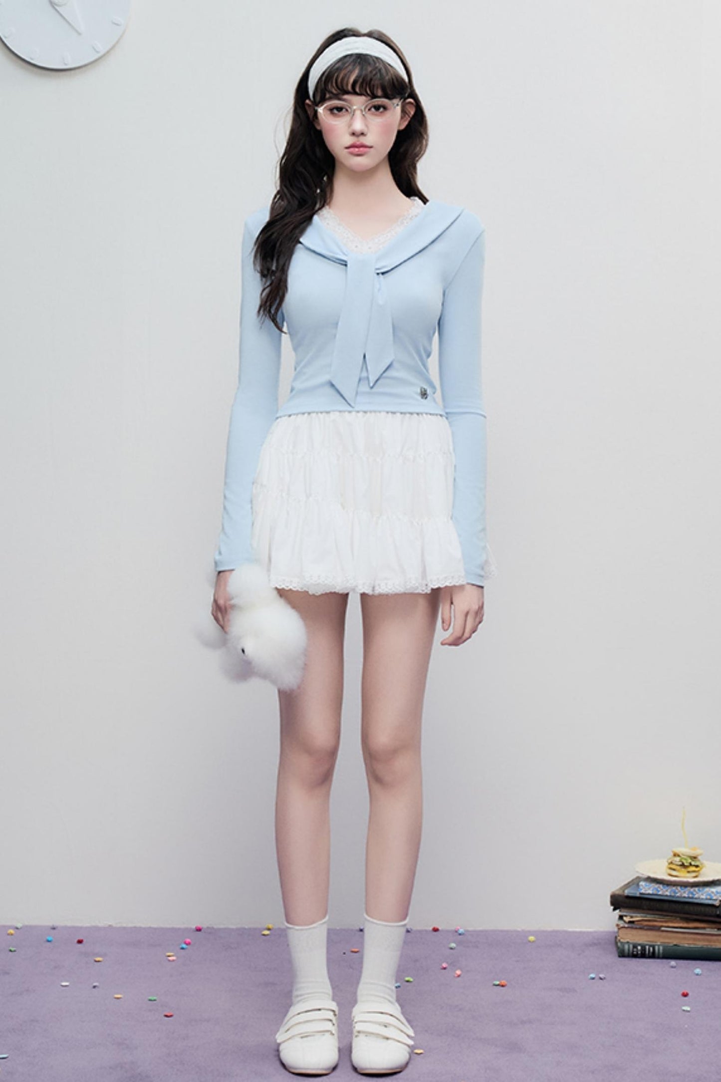 Korean Lace Trim Tie Neck Sweater