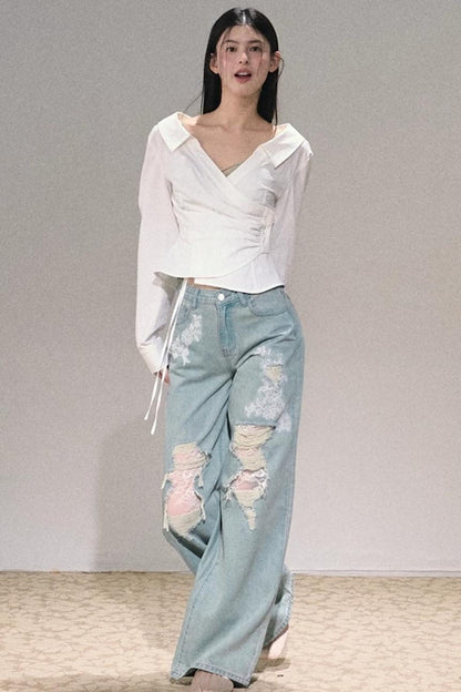 Texture Collar Stretch Shirt Top