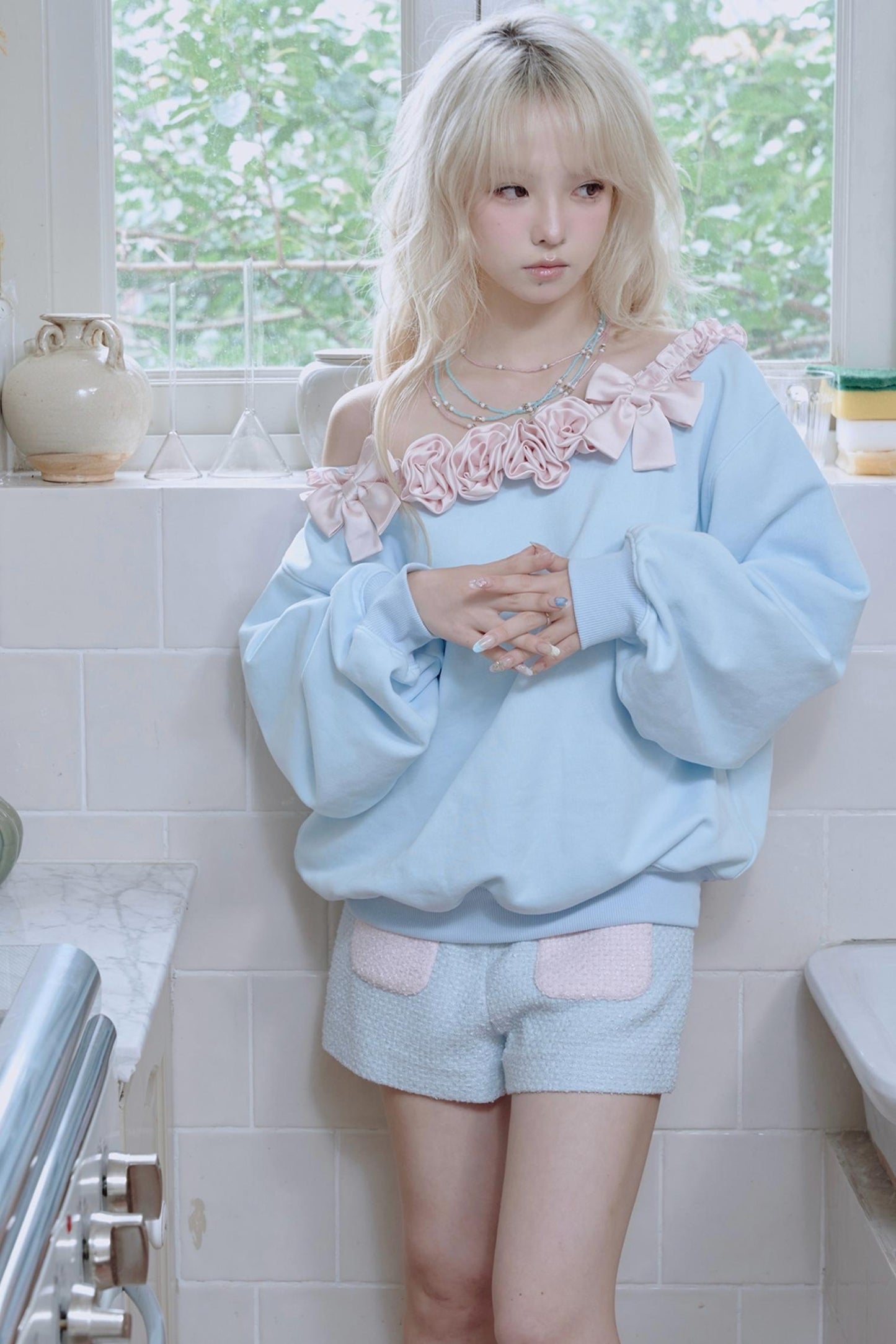 Pink Satin Rose Stitched Blue Top