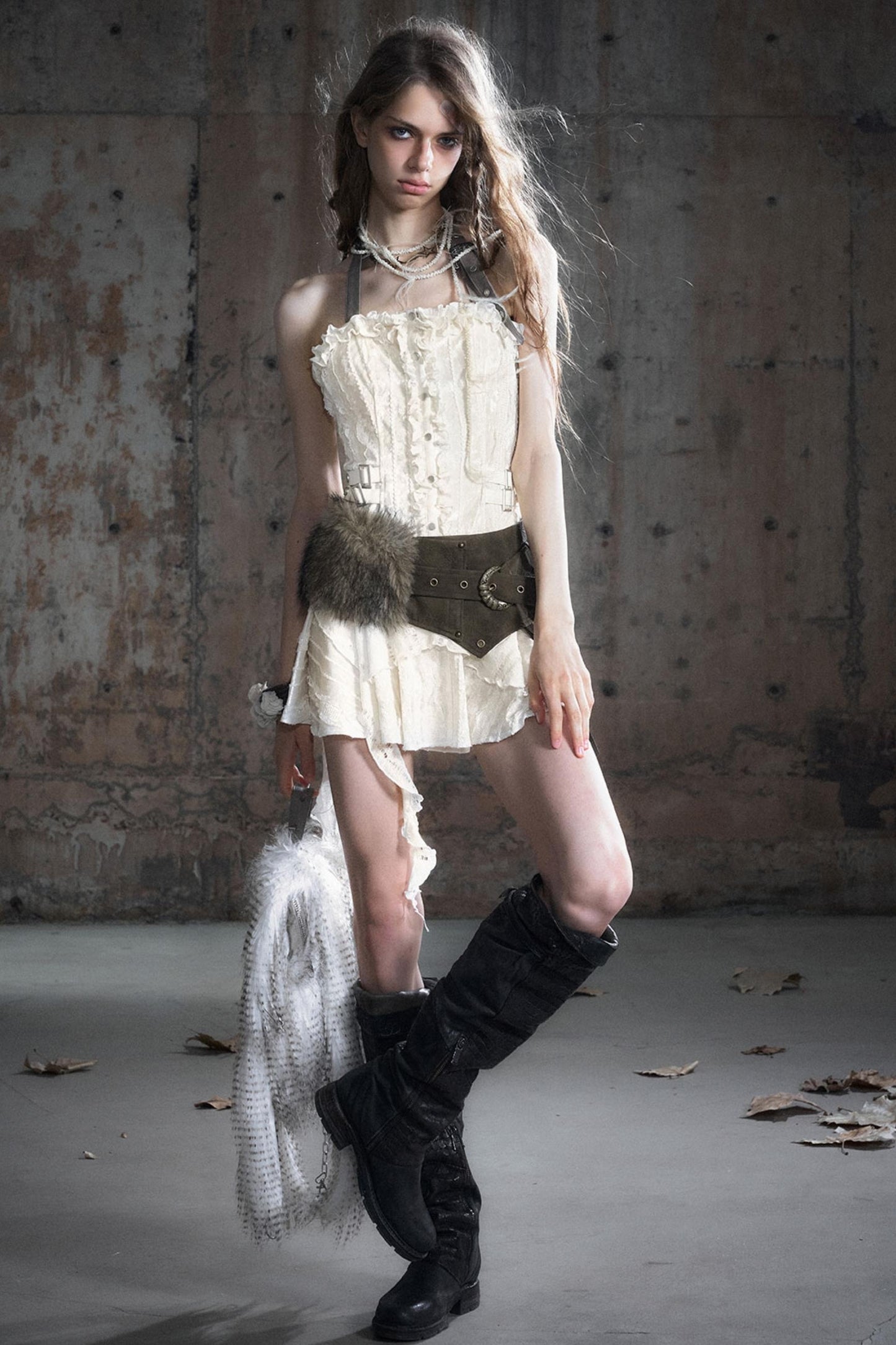 Leather Patchwork Fur Skirt  Belt