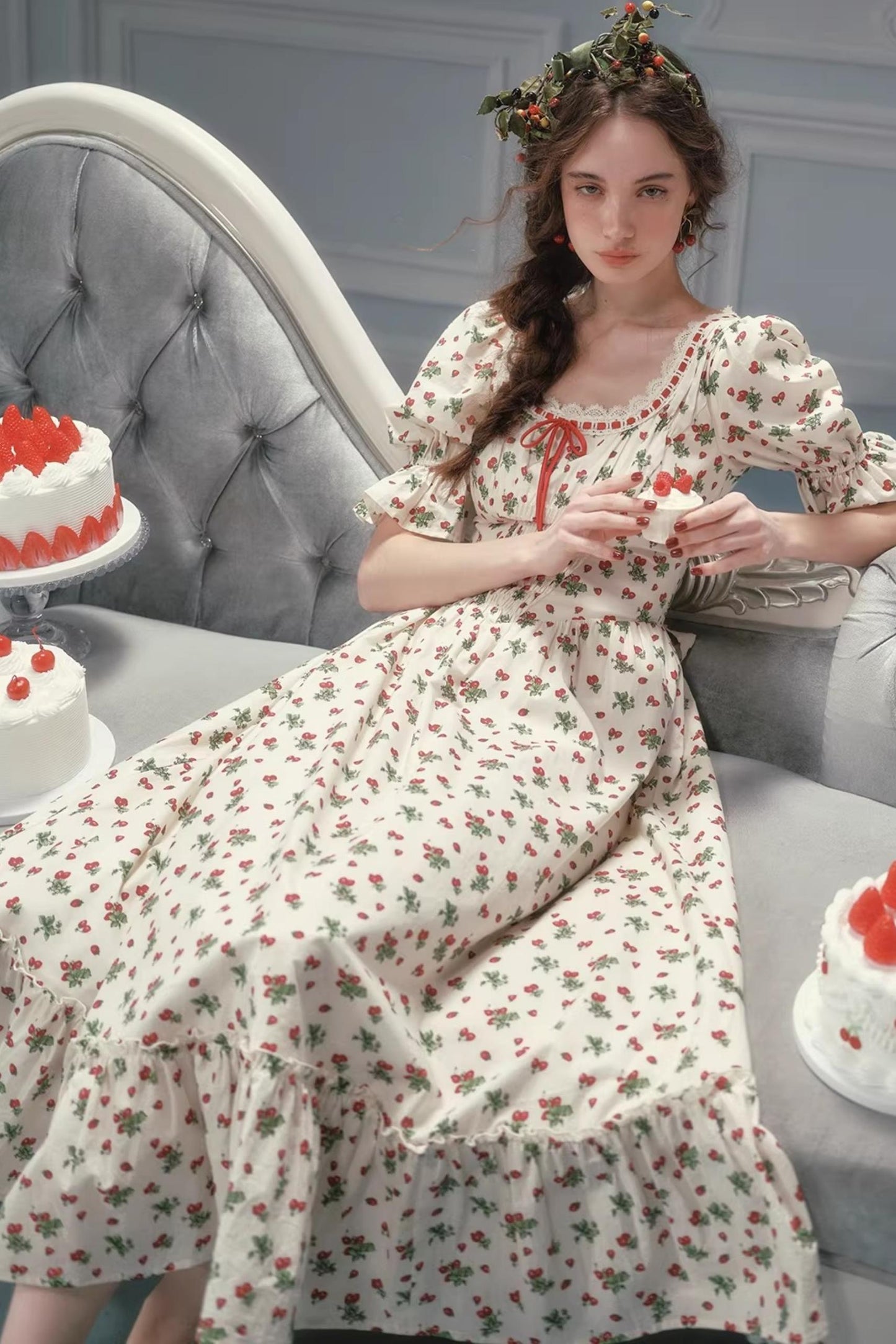 French Pastoral Style Strawberry Floral Dress