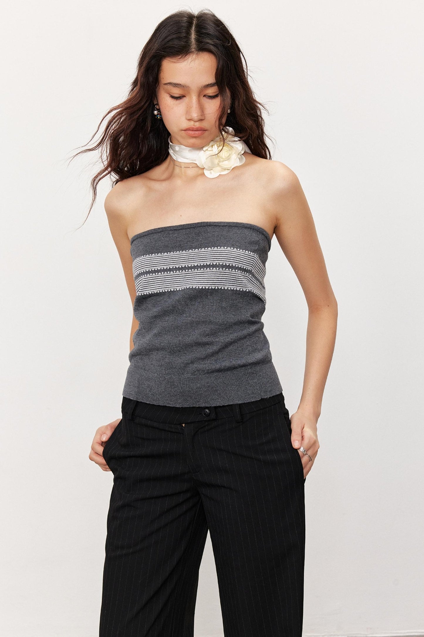 French Design Suspender Bandeau Slim Knit Top