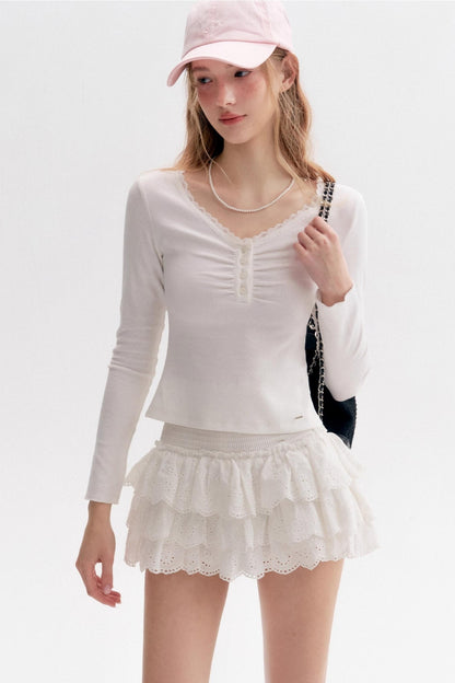 Romantic French V-Neck Knit T-Shirt