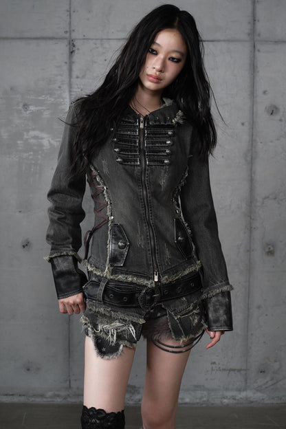 Distressed Denim Slim Fit Hooded Coat