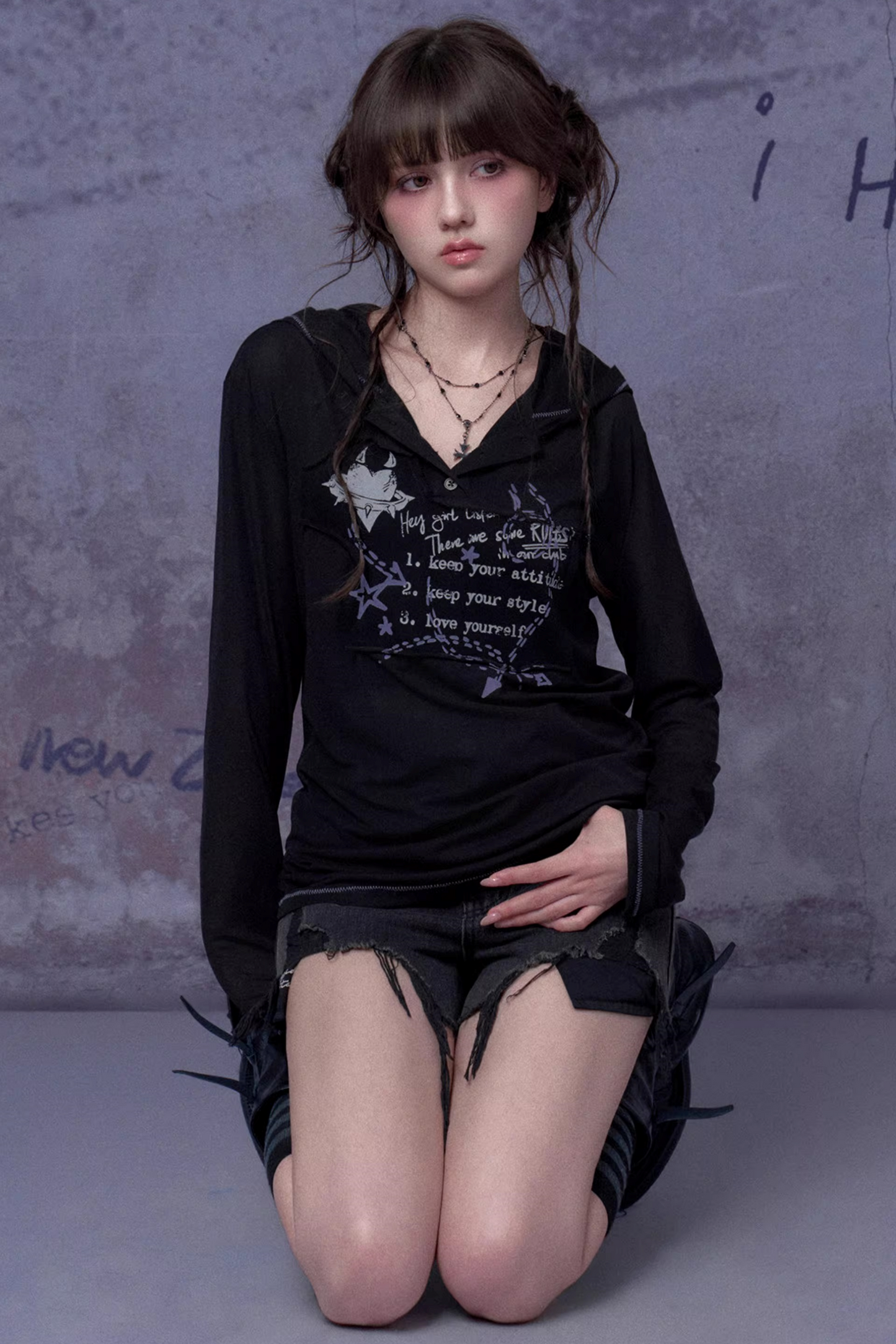 Mesh Graffiti Hooded Top Matching Set
