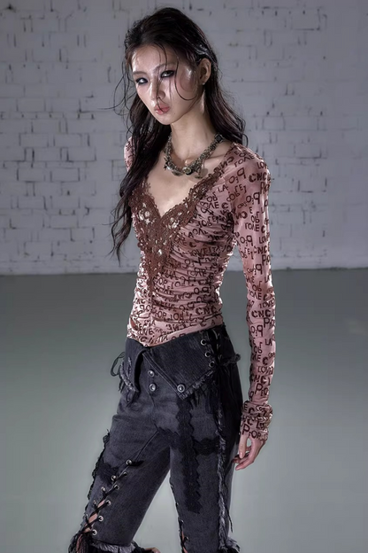Vintage Samtbluse mit Spitze