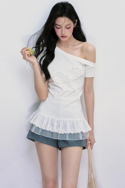 Slanted Shoulder Korean Lace Top