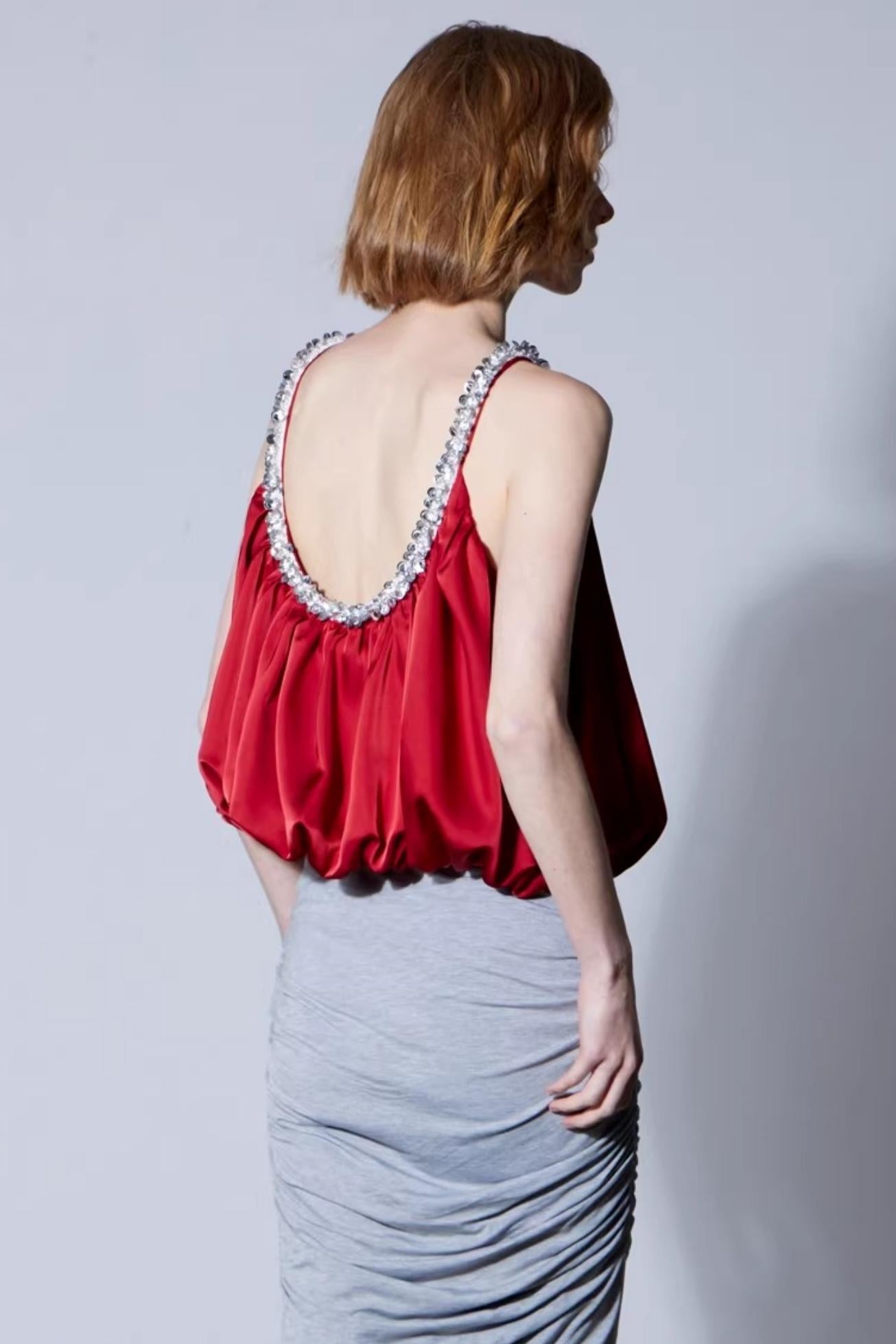 Satin Beaded Backless Top